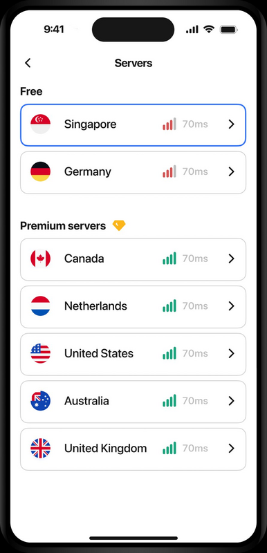 Server selection screen